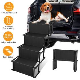 Foldable Dog Ramp 4 Step Collaspible Non Slip Stairs for Car Trucks SUV 176LBS Load Oxford Fabric Steel Ladders with Straps Tether Clip (Color: Black)
